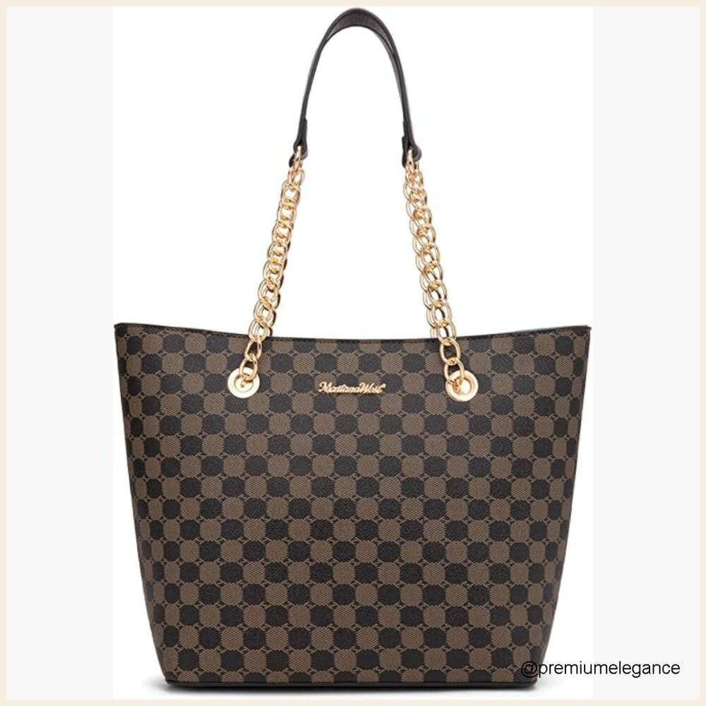 Large Vegan Leather Tote Bag With Chain Handle, Satchel Style Purse